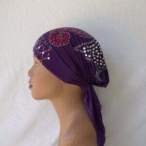PURPLE Pre-Tied Stud Chemo Cap Slip On Bonnet Hijab Undercap #3